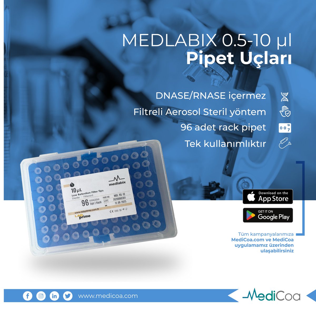 Medlabix pipet ucu, laboratuvar çalışmalarında güvenli ve doğru sıvı transferi sağlamak için tercih edilen bir seçenektir.

Ürüne MediCoa.com üzerindeki linkimizden ulaşabilir veya  uygulamamızı indirebilirsiniz.

#medikal #laboratuvar #osgb #saglik