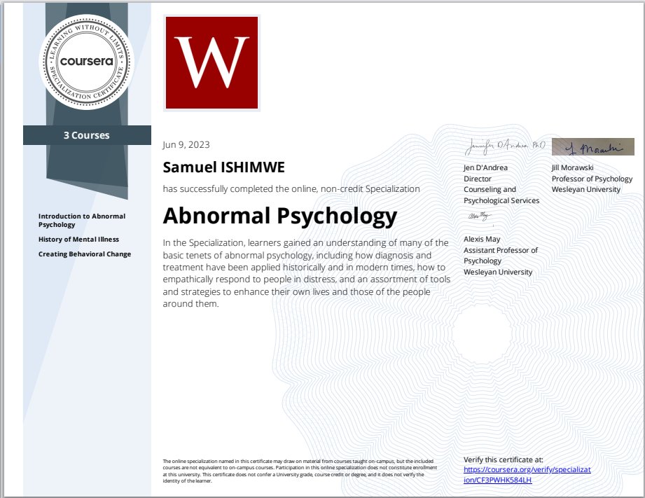 I completed Abnormal Psychology specialisation! It was a long journey but worthy this all time. 
In the world where people are busy more than before, we need to aggrandize the idea that life is much stressful even when you are stable in various ways.
@Wesleyannuniversity #mental