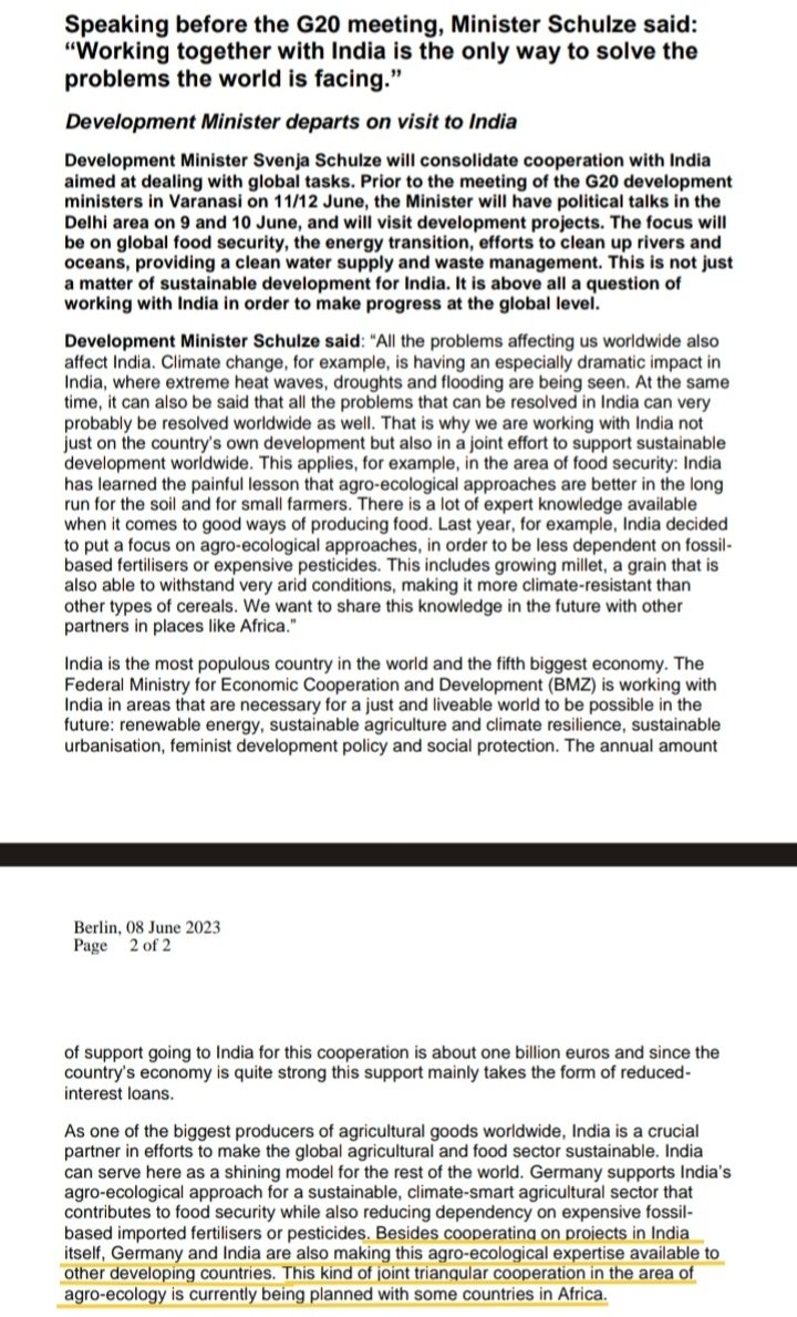pia_kutts's tweet photo. JUST IN: Germany's Development Minister hints at Germany &amp; India forming "triangular cooperation" in the area ofagro-ecology with African countries. https://t.co/8GkqPknDRB
