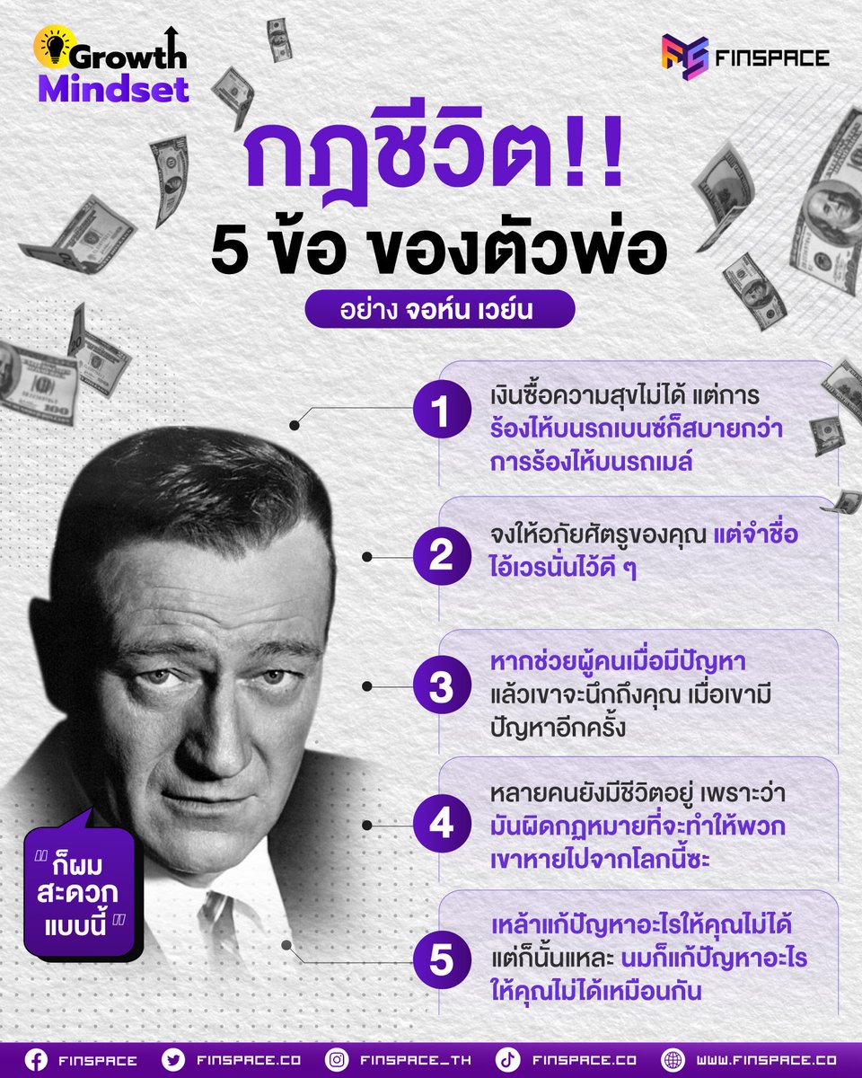 finspace_th's tweet photo. #FSGrowthMindset | วันนี้ Finspace หยิบยกตัวอย่าง กฎการใช้ชีวิต 5 ข้อของตัวพ่ออย่าง จอห์น เวย์น นักแสดง ผู้กำกับ และผู้อำนวยการสร้างภาพยนตร์ชาวอเมริกันในช่วงปียุค 20s – 70s ที่ดุดันไม่เกรงใจใคร ซึ่งสามารถเอามาใช้ได้ในชีวิตจริง ดังนี้ https://t.co/uwBjielKGv