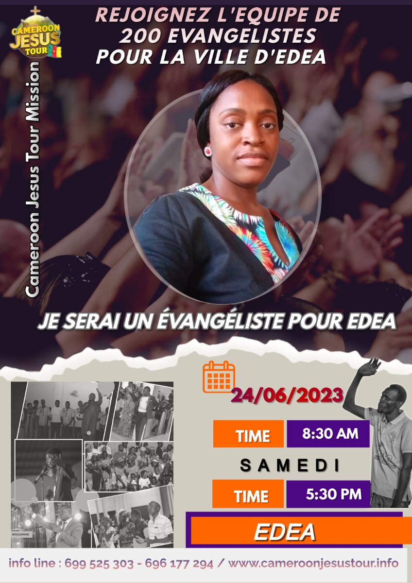 CmrJesusTour's tweet photo. Discover the programme of our first stage in Edea! With a film screening in public places, a great street evangelization and a large concert of choirs.  Be prepared for intense and moving moments.
 Register by clicking on the link below
https://t.co/19yk10xc13 https://t.co/50rrArzqKF