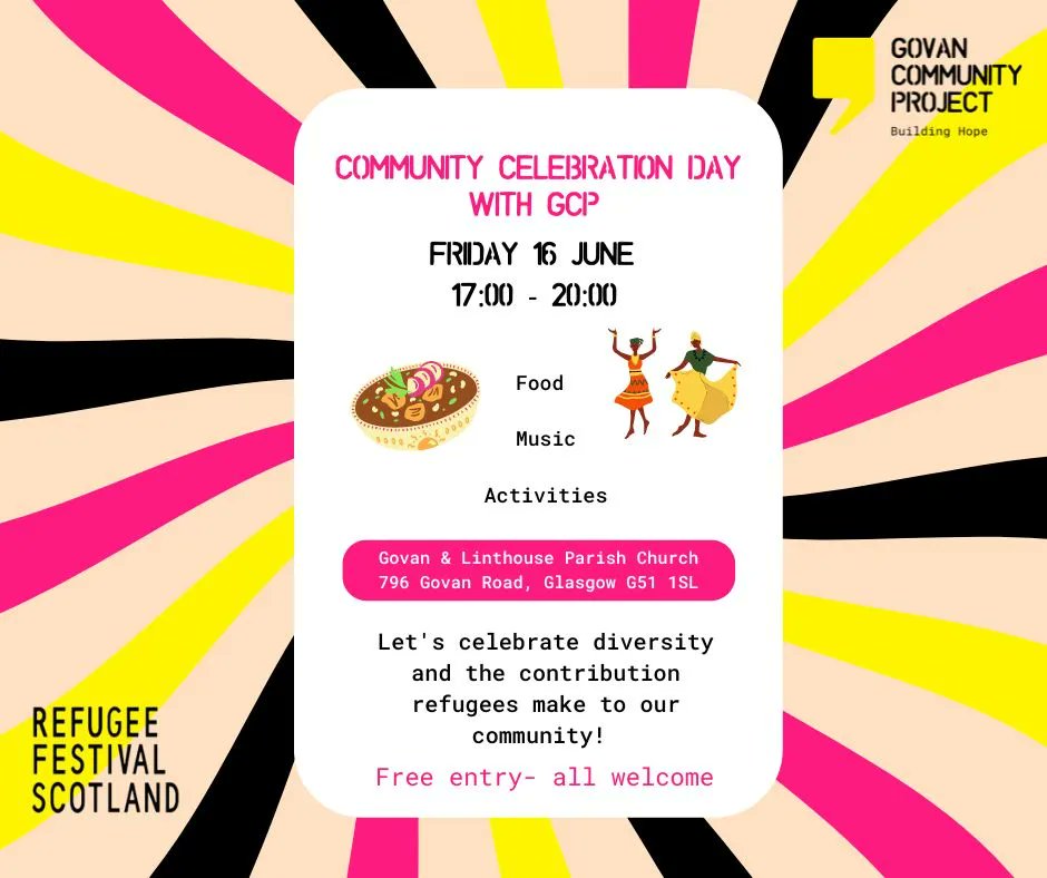 As part of #RefugeeFestScot, we are holding a Community Celebration Day. It's a  free, family-friendly event with food, music and activities to celebrate diversity in Govan and the contributions refugees make to our community. We look forward to seeing you there 😁@refugeeweek