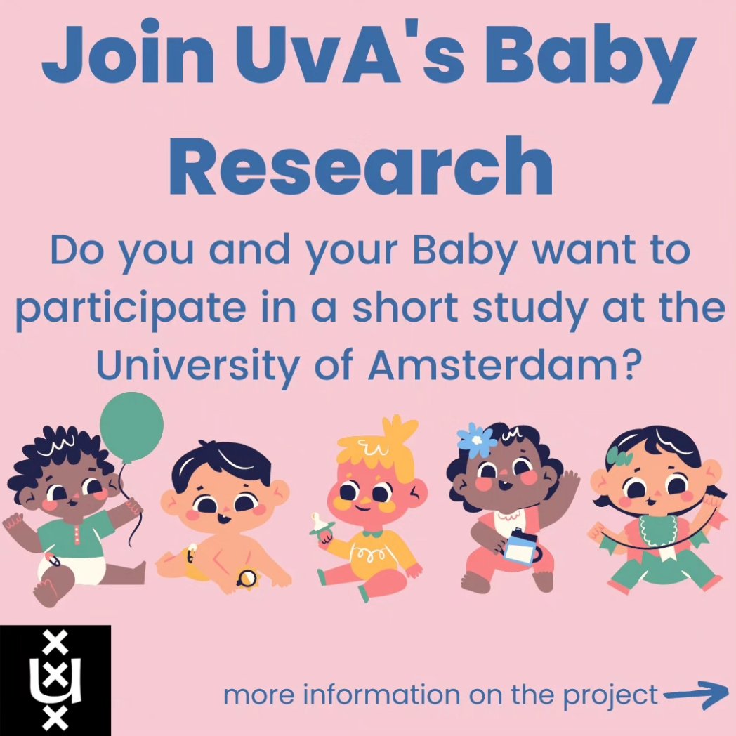 BabylabAdam's tweet photo. We werven momenteel deelnemers voor drie onderzoeken bij het UvA Babylab! 👶

We zoeken baby's tussen 5 en 12 maanden oud en peuters tussen 18 en 27 maanden oud. Je kunt je inschrijven via deze link: https://t.co/HzPNiI91n7 https://t.co/JC5Dv78iHy