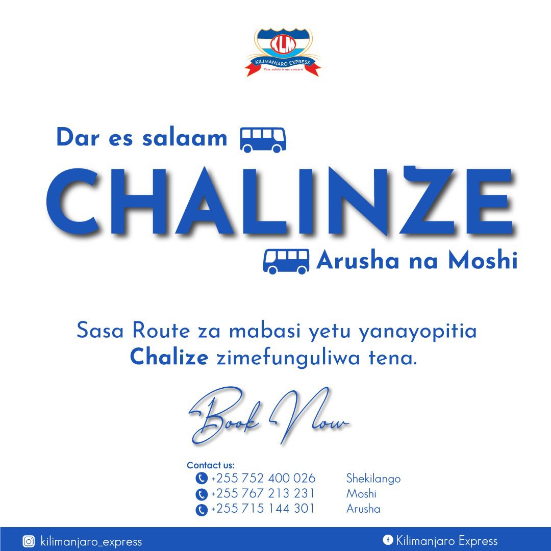 KilimanjaroBus's tweet photo. Sasa 🚍route yetu kati ya Dar es salaam, Moshi na Arusha kupitia Chalize imerudishwa tena.

Chukua ticket 🎫 yako leo.

Wasiliana na sisi kwa namba:
☎ 0752 400 026 - #Shekilango
☎ 0767 213 231 - #Moshi
☎ 0715 144 301 - #Arusha https://t.co/HoBbacg2rJ