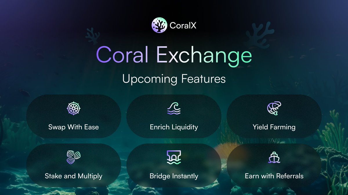 Upcoming features on CoralXchange

🪸 Explore unique features that help to enhance your DeFi experience on <a href="/SeiNetwork/">Sei</a>.

Tap into the limitless DeFi potential that lies beneath the surface: coralx.finance

👇🏻 Find out more below

#CoralX #Seinetwork #DeFi