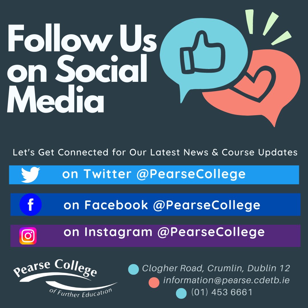 Stay connected with everything that's happening at #PearseCollege by following us across our Social Networks.

#StayConnected #ChoosePearse #NextGenerationFET #PearseCollegeGoFurther #ThisIsFET #CityOfDublinETB