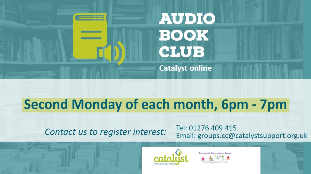 Don't miss our Audio Book Club on Monday!!

Get in touch for more details about this group 💙

#audiobookclub #bookclub #surreyactivities
#surreycharity