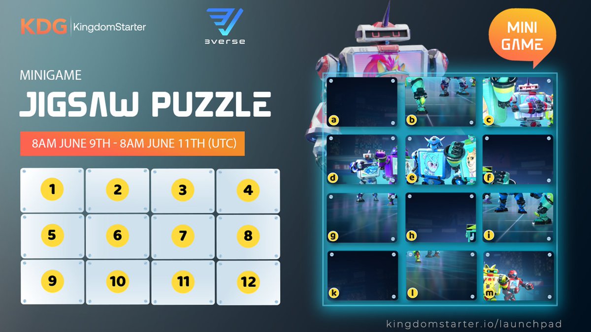 Kingdomstarter's tweet photo. 🎲 [ #KDG x @3verseGame #MINIGAME] JIGSAW PUZZLE 🤹

⏰Duration: 8AM June 9th - 8AM June 11th (UTC)

🎁#Reward: 10 users with the right answers and lucky number will get 400 VERS for each

🌺How to #join
🔹Put the fragments of the puzzle in the right position to form a complete image
🔹Leave your answer with example format: 1-A, 2-B, 3-C… with a lucky number (from 1 to 100)
🔹Fill in this form: https://t.co/WUDKefwJjG

Details: https://t.co/lIKgL6LBOS