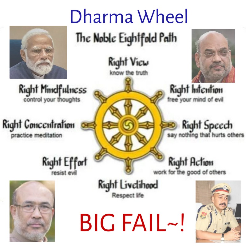 HadassaNem's tweet photo. The #LustForPower has these men @narendramodi @AmitShah @NBirenSingh #RajivSingh as a #BIGFAIL on the #DharmaWheel - Has not #Hindutva taught them how to act as leaders? Right Mind @PMOIndia X - Right Intention @HMOIndia X - Resist Evil #BirenSingh X - Right Action #IPSOfficer X https://t.co/m5y7ejHH4j