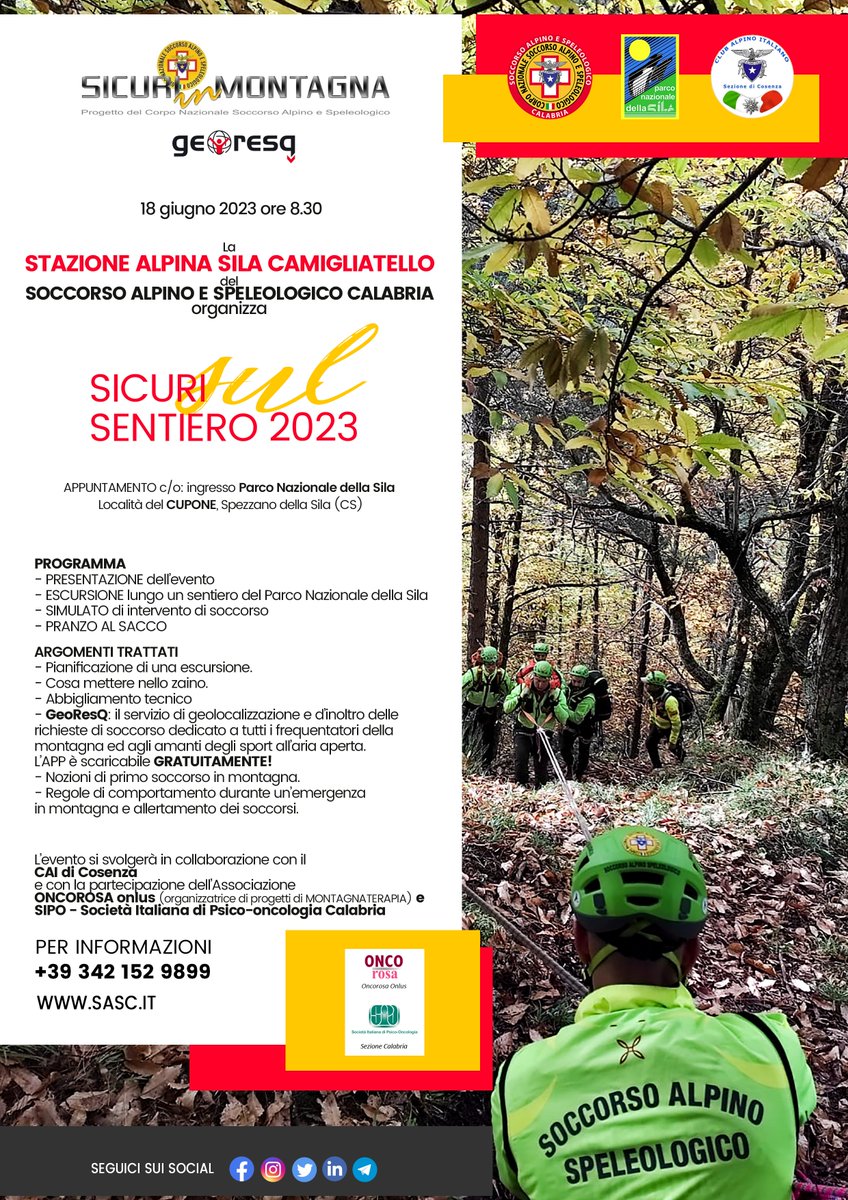 cnsas_Calabria's tweet photo. In occasione della giornata nazionale dedicata alla prevenzione degli incidenti tipici della stagione estiva #SicurisulSentiero, sono state organizzate, dal @cnsas_Calabria, due manifestazioni. 
DOMENICA 18 GIUGNO 2023
#sicurinmontagna #sicurisulsentiero #soccorsoalpino #cnsas https://t.co/ANrbim7PmI
