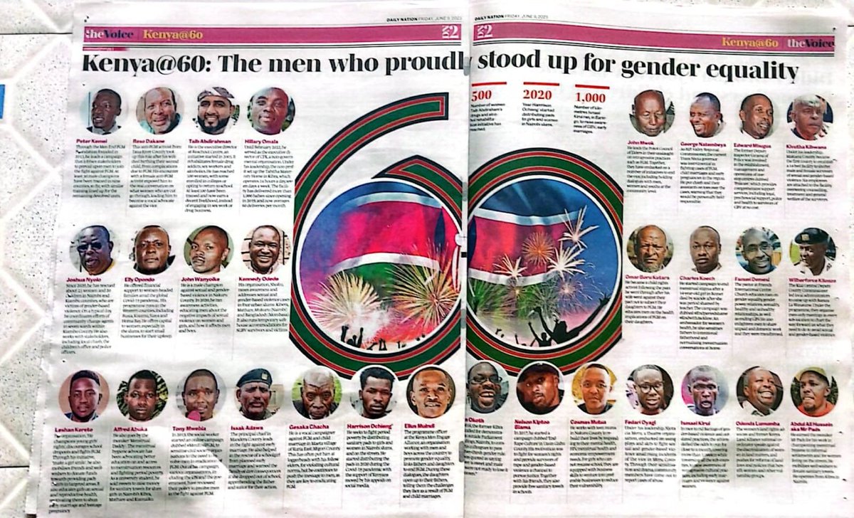 Proudly excited to be Celebrated among the Kenyan Men who Stood for Gender Equality During Kenya@60 By the Daily Nation Newspaper  for Conducting Dads and Daughters workshops  to #EndFGM and #EndChildMarriage .