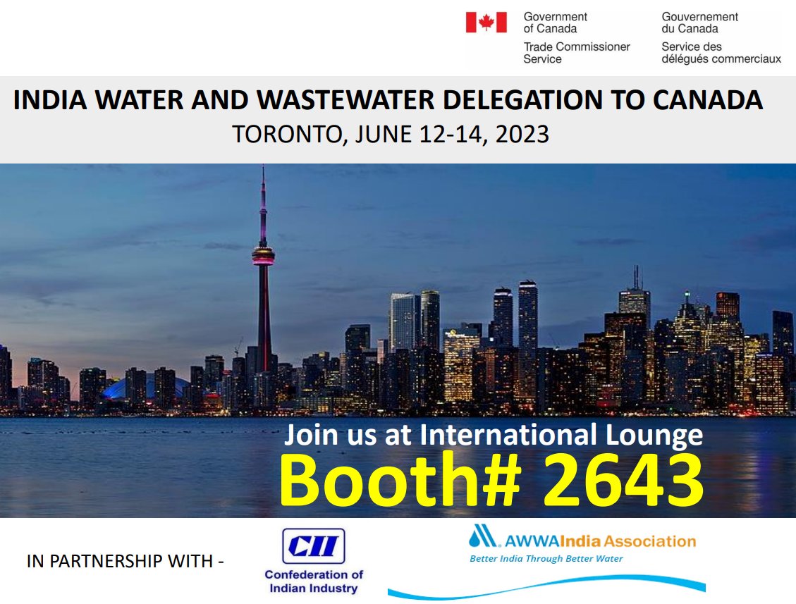 TradeTeamIndia's tweet photo. The Indian Water &amp; Wastewater delegation will be attending the #ACE23 Conference from June 12-14, 2023 in #Toronto. 
Come meet us at booth #2643 at the international lounge to learn about collaborative opportunities!  
#Canada #India #opportunities #wastewater #water #networking https://t.co/5ZRnKJT3gR
