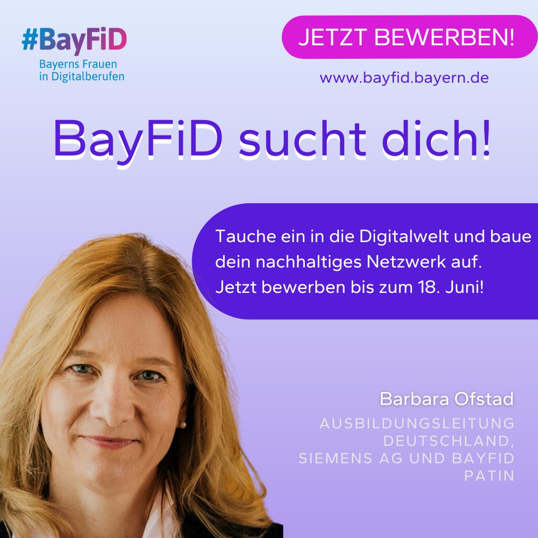 Talente gesucht: @BayFiD_ ist ein Talentprogramm der bayerischen Digitalministerin @gerlach_judith. Es möchte mehr junge Frauen aus #Bayern für digitale Berufe begeistern. Wir freuen uns, dass <a href="/barbofstad/">Barbara Ofstad</a> hier als Patin unterstützt. 
Jetzt bewerben 👉 sie.ag/3CjVjcX