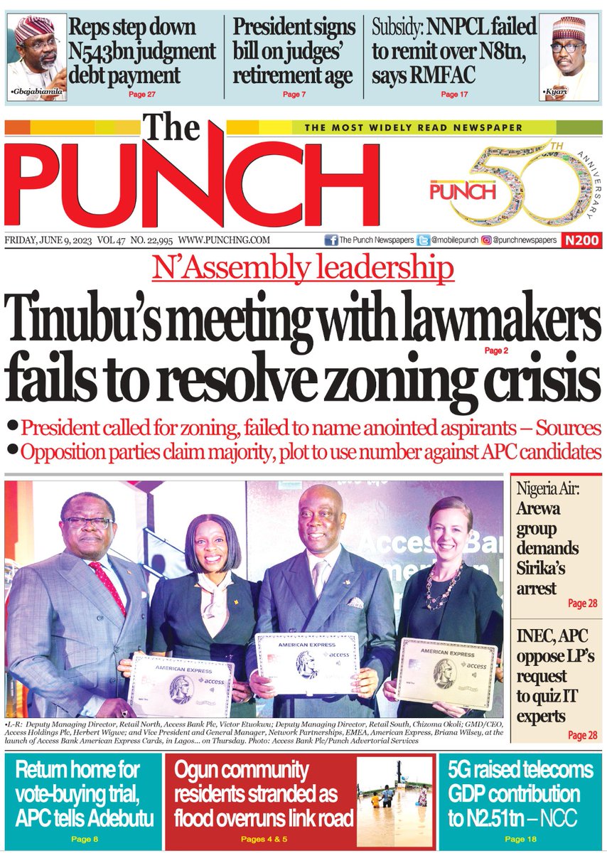 tolaogunnubi's tweet photo. #BreakingNews #Rivers #TrumpIndicted #Wike #Aisha #frontpage #Headline #Mbaka #AhmedTinubu #Igbos #Bowen #newspaper #MoriahMills #Innoson #Abacha #MuslimMuslim #Obasa #Chinedu #CatholicTwitter #Abuja #News #subsidy https://t.co/ngLSdPfgeJ