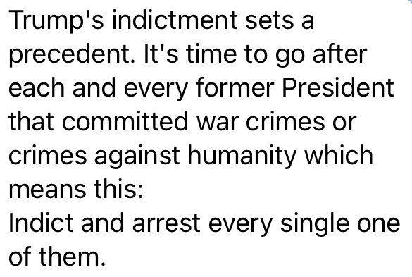 トランプの起訴は前例となる。
 
戦争犯罪や人道に対する罪を犯した元大統領を一人一人追及する時が来たのだ......
 
これはつまり、こうだ：
一人残らず起訴し、逮捕するのだ。

t.me/PepeMatter/158…
