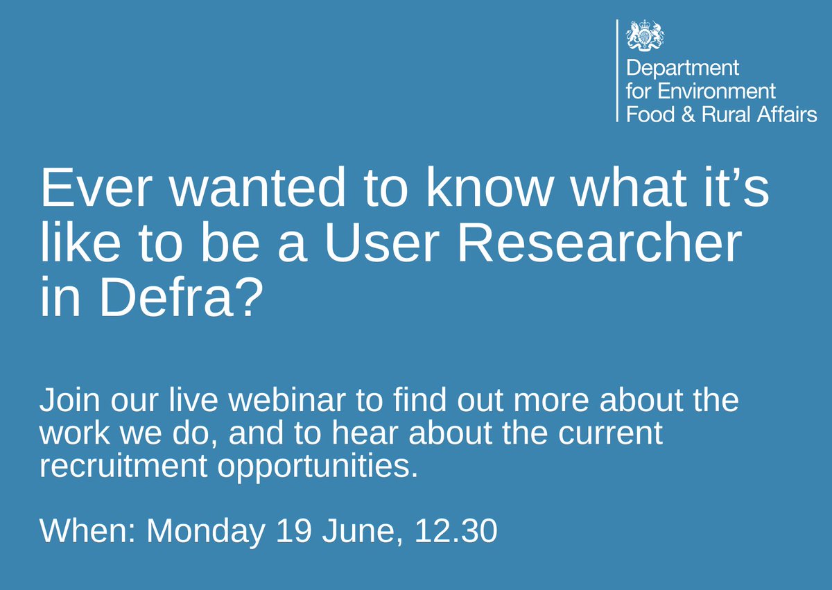 Want to know what it’s like to be a User Researcher in Defra? Register for our ‘Being a user researcher in Defra’ webinar on Monday 19th June at 12:30. Follow the link to register a spot today: lnkd.in/eKZuUMCJ #UserResearch