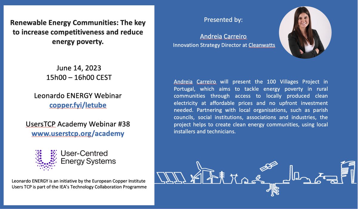 Register for our next webinar on June 14 at 3pm CEST. Our presenter is Andreia Carreiro, Innovation Strategy Director at Cleanwatts, who will present the 100 Villages Project in Portugal.
Register at copperalliance.zoom.us/webinar/regist…