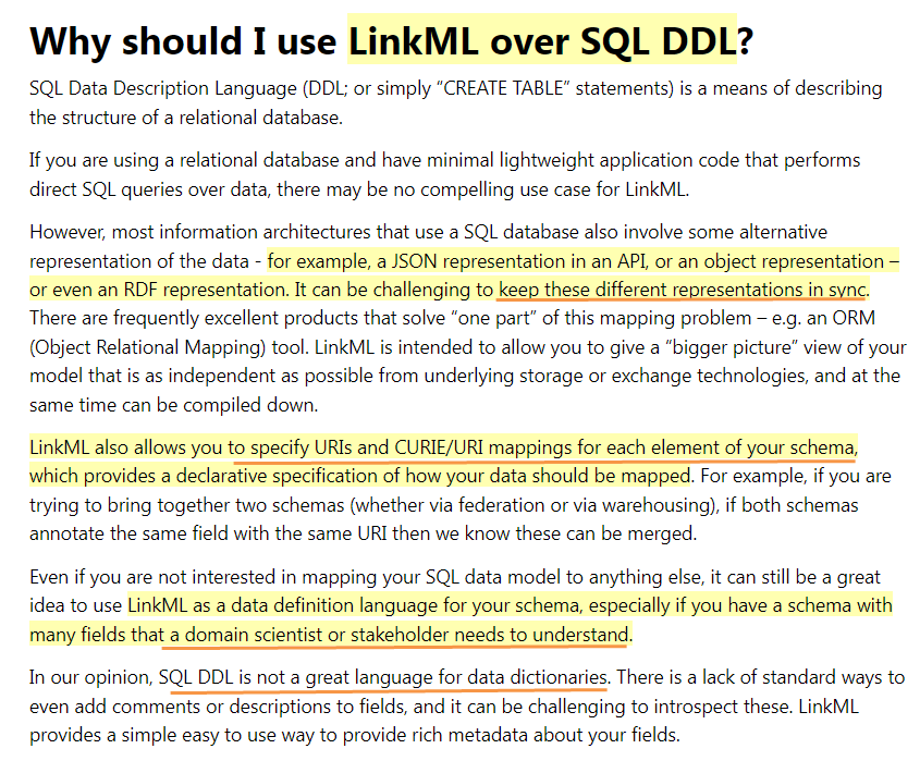 semanticbeeng's tweet image. &quot;Why should I use #LinkML over SQL DDL?&quot;

&quot;SQL DDL is not a great language for data dictionaries. There is a lack of standard ...&quot;

&quot;LinkML .. to provide rich metadata about your fields&quot;

Can use generated DDL schemas in #datalakehouse and #featurestore (and #metricstore)