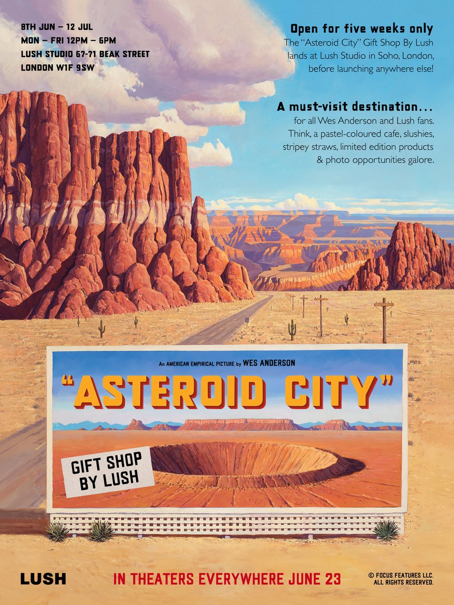 Calling all Stargazer Honoraries! ✨ Come visit us at the Asteroid City gift shop by Lush for an out of this world experience. 
Discover the #LUSHXASTEROIDCITY collection a week before they’re available anywhere else @AsteroidCity @focusfeatures
