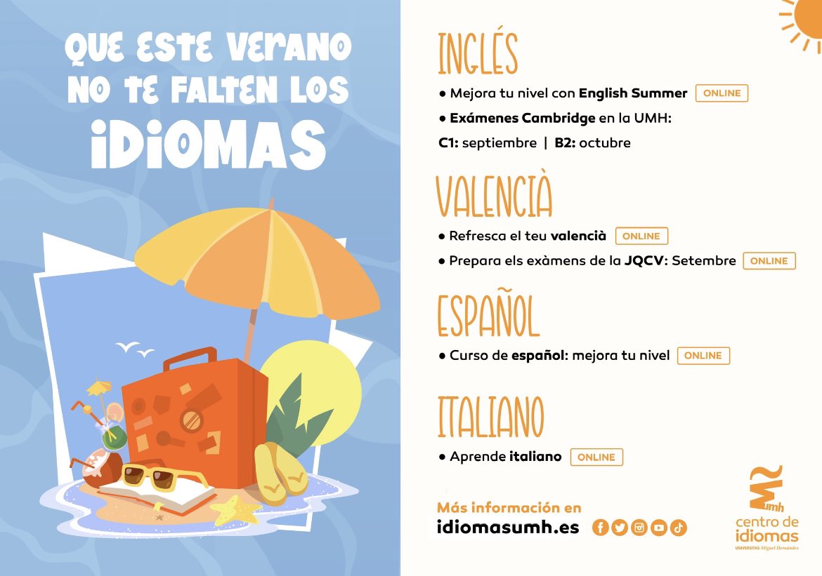 @psicologia_umh (@psicologia_umh) on Twitter photo 📣Cursos intensivos de <a href="/IdiomasUMH/">Centro de Idiomas UMH</a> 🗣️ inglés, valenciano, italiano y español como lengua extranjera, con descuento para toda la comunidad UMH.
Y convocatoria de exámenes Cambridge con descuento para personas inscritas en el programa IRIS.
Más info➡️idiomasumh.es/es 📣Cursos intensivos de <a href="/IdiomasUMH/">Centro de Idiomas UMH</a> 🗣️ inglés, valenciano, italiano y español como lengua extranjera, con descuento para toda la comunidad UMH.
Y convocatoria de exámenes Cambridge con descuento para personas inscritas en el programa IRIS.
Más info➡️idiomasumh.es/es