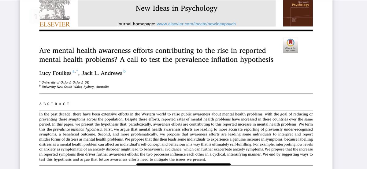 De extreem belangrijke psychologie paper als start van onderzoek waar ik al even zat op te wachten: de begrijpelijke, lang gewenste en allicht terechte, media aandacht voor mentaal welzijn vergroot misschien het probleem zelf #dilemma sciencedirect.com/science/articl…