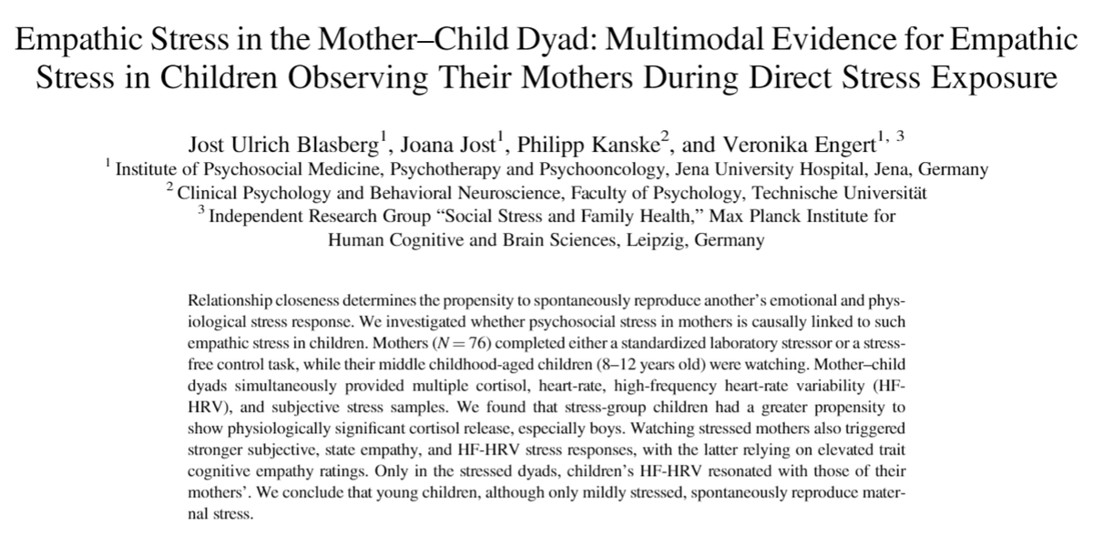 Another long-anticipated empathic stress paper by Jost Blasberg @UKJ_Jena: Children share their mother's acute psychosocial stress. Out now in Journal of Experimental Psychology: General - psycnet.apa.org/fulltext/2023-… Thank you @dfg_public @pkanske Joana Jost #empathy #stress