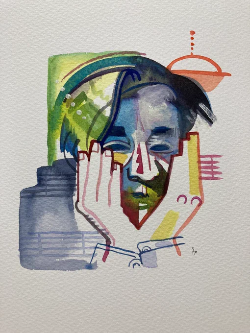上野耕路さんにアイコンに使っていただいてる絵はこんな感じに実は変化しました。 IGのストーリーにアップされたお写真を見ながら、一枚目はかなり描き込みすぎ。紙を変えて少し描いて水で消して、また描いて。さらにIGのフィルターかけて、完成しました。