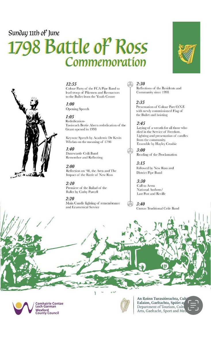 Rebellion225's tweet photo. Join the Three Bullet Gate and Battle of New Ross commemorations in New Ross town this Sunday. @visitwexford @VisitNewRoss 
#wexford #1798 #Rebellion #visitwexford #Ireland #Rebellion225 https://t.co/CoGg81LUrg
