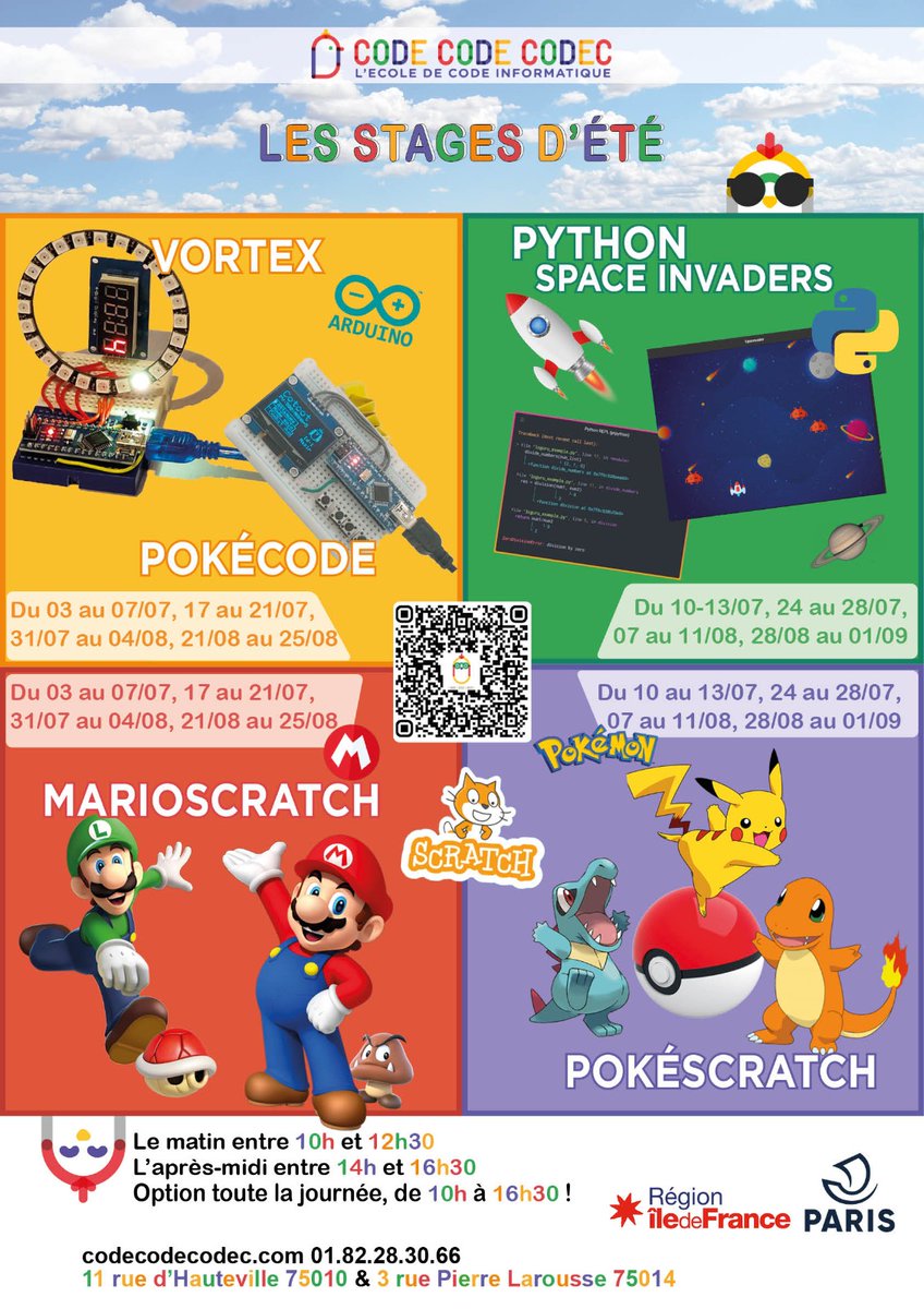 CodeCodeCodec's tweet image. Stages d&apos;été enfants! 🏀📚👾 Python Space Invaders, Scratch Pokemon, Vortex, Scratch Mario, Pokécode. Du lundi au vendredi (10h-12h30, 14h-16h30). Offre parrainage : -50€ sur la 2ème inscription! Inscrivez-vous sur codecodecodec.com. Plaisir et apprentissage garantis!