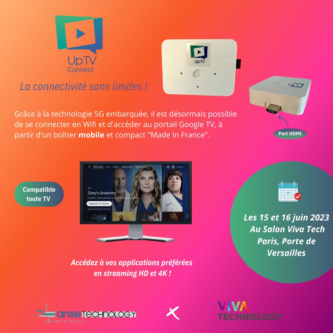 AnseTechnology's tweet image. Nous sommes ravis de vous présenter le nouveau produit révolutionnaire d&apos;Anse Technology : UpTV Connect !

Rendez-vous les 15 et 16 juin 2023 au salon Viva Tech à Paris, Porte de Versailles, pour le découvrir !
#technology #VivaTech #Vivatech2023 #innovation #paris