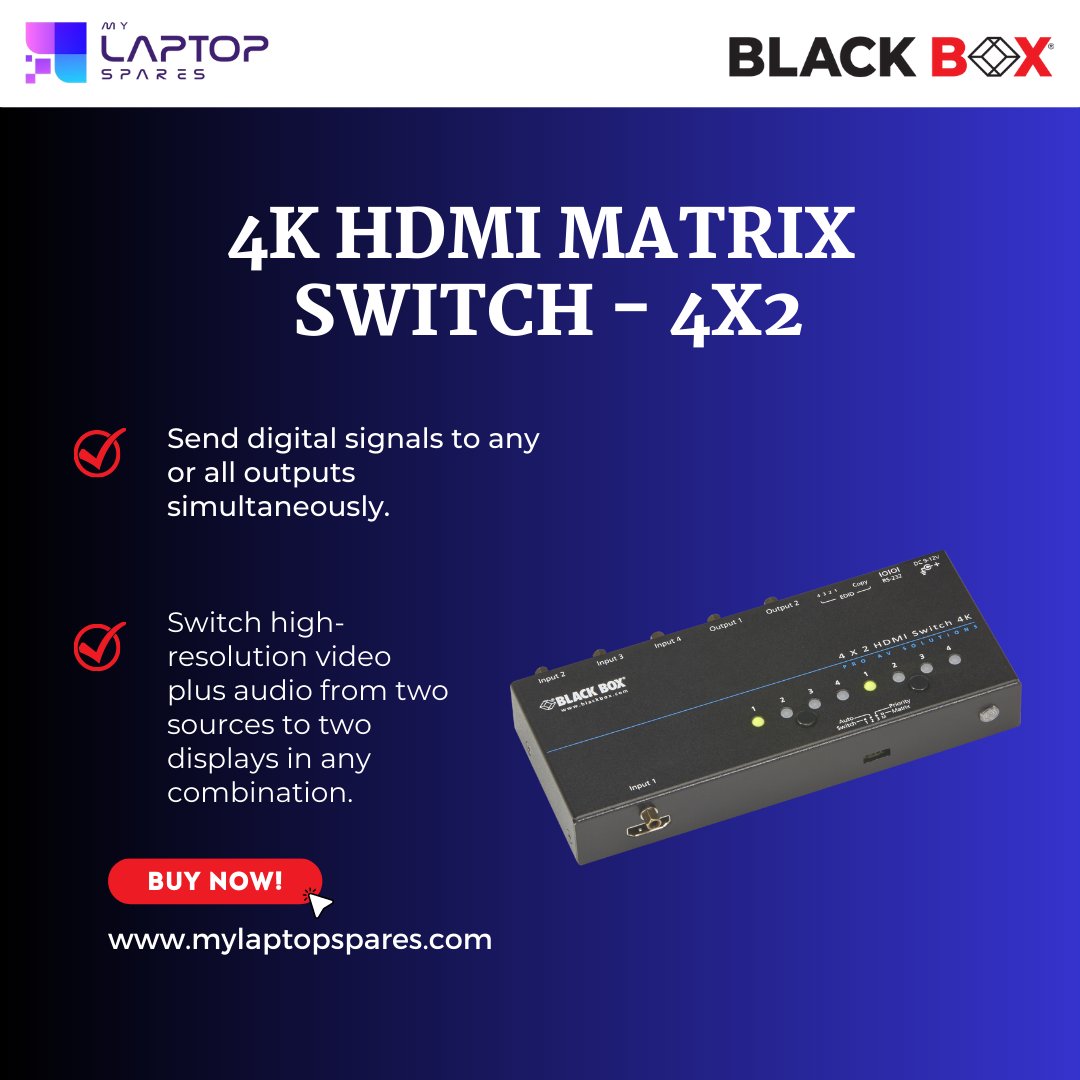 mylaptopspare's tweet image. Use Blackbox 4K HDMI Matrix Switch and experience the change yourself in your corporate environment!
Route HDMI video from different sources to different screens with ease and increase your productivity.
Contact us at zurl.co/SSPW 

#HDMImatrixswitch #switch #blackbox