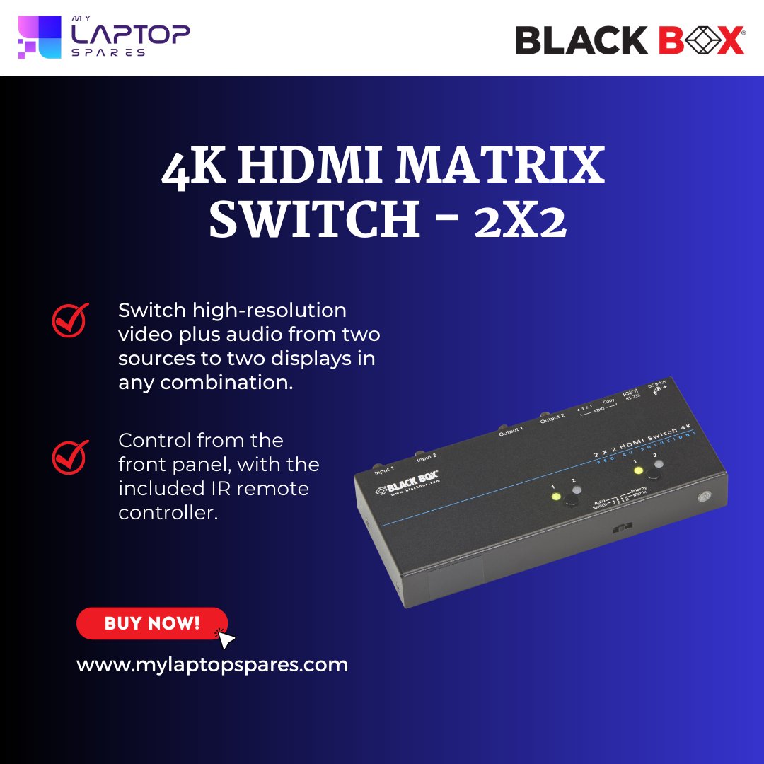 mylaptopspare's tweet image. Use Blackbox 4K HDMI Matrix Switch and experience the change yourself in your corporate environment!
Route HDMI video from different sources to different screens with ease and increase your productivity.
Contact us at zurl.co/SSPW 

#HDMImatrixswitch #switch #blackbox