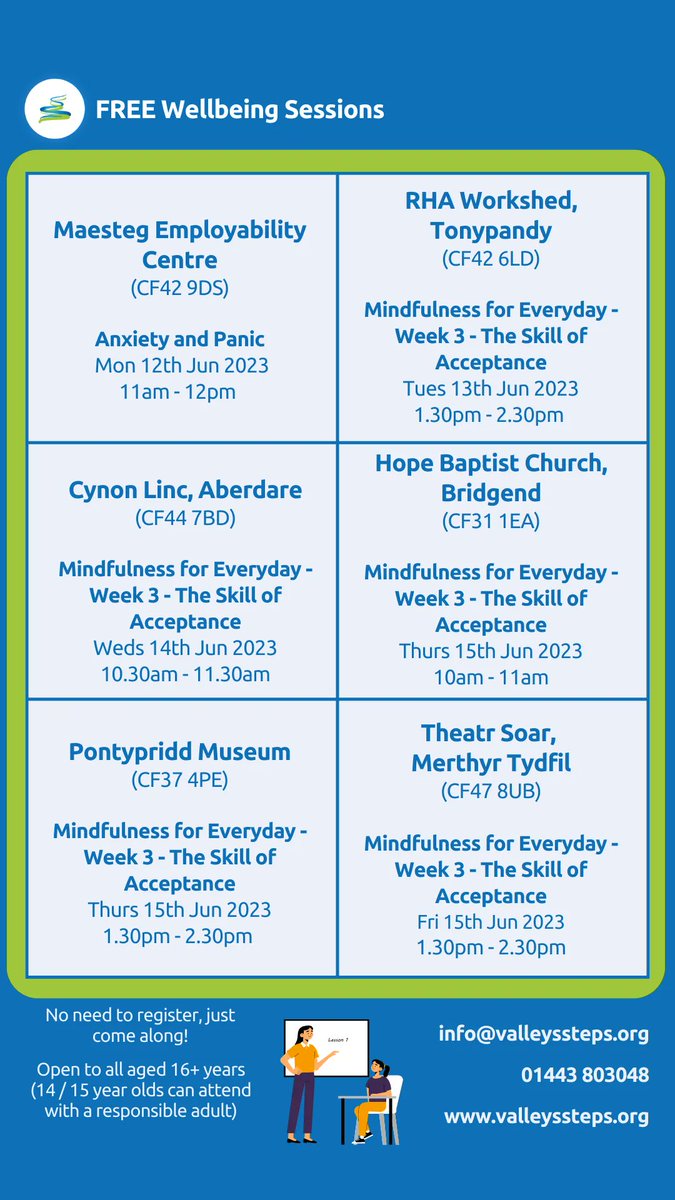 ValleysSteps's tweet photo. Here are our FREE face to face sessions running next week

You don't need to register for these sessions. Just come along and join us on the day!

There are no expectations for you to speak or interact

If you have any questions, email info@valleyssteps.org or call 01443 803048 https://t.co/QQ7FCT8fHQ