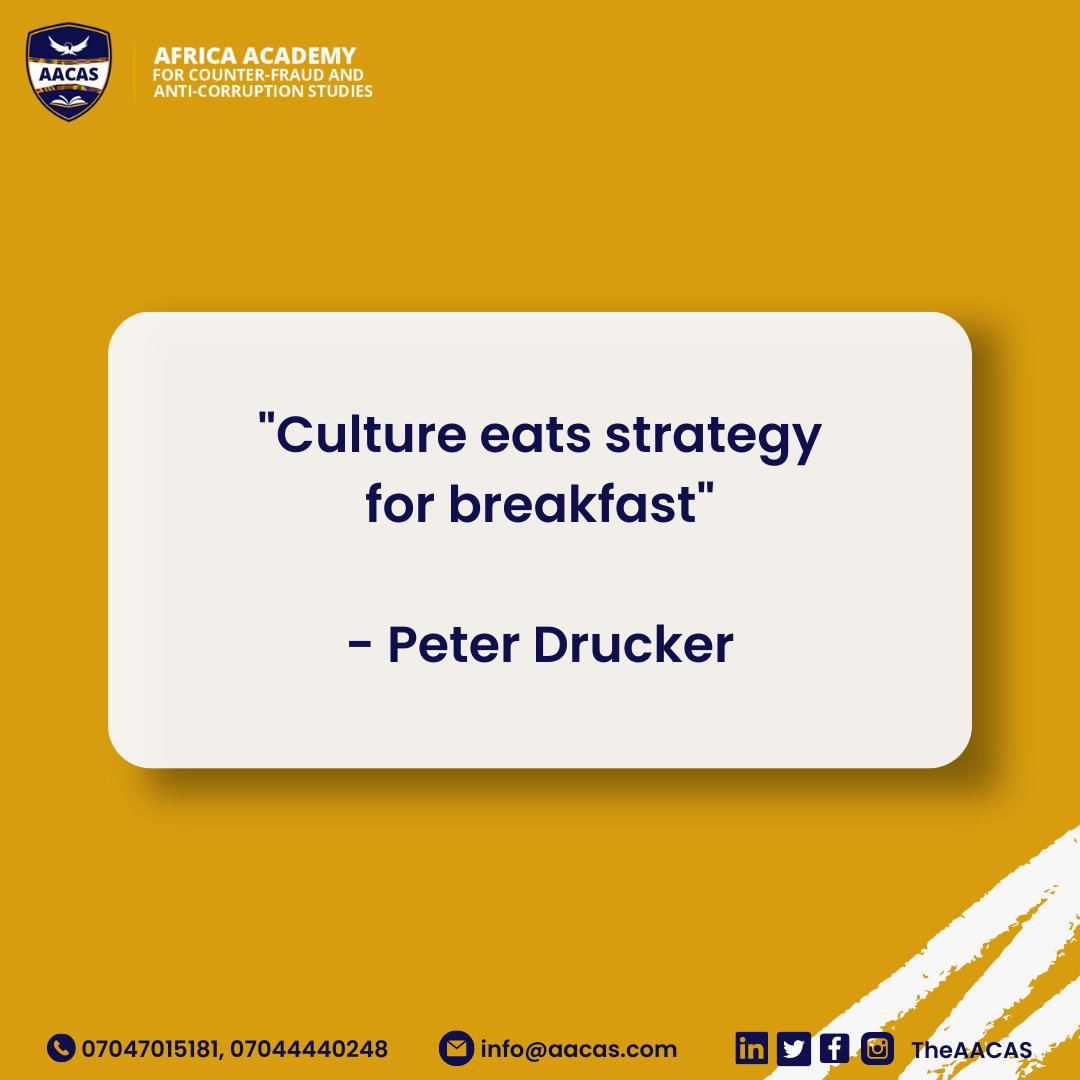 The expression 'Culture eats strategy for breakfast' suggests that a company's culture is more important to its success than its plan.

Do you agree with this quote? Share your thoughts.

#aacas #theaacas #fraud #fraudprevention #fraudawareness #EFCC