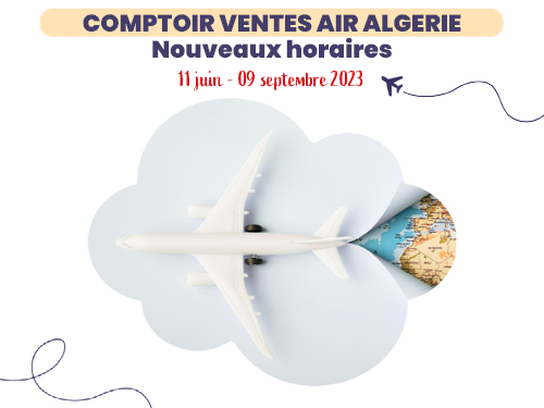 Nouvelle programmation <a href="/AirAlgerie_AH/">Air Algérie</a>  = nouveaux horaires pour le comptoir ventes ! ✈️
Du 11/06 au 09/09, retrouvez nous :
🔴Lundi : 11h-14h &amp; 17h15-20h15
🟠Mardi : 11h-14h
🟡Mercredi : 08h15-14h
🟢Jeudi : 11h-14h
🔵Vendredi : 13h-16h
🟣Dimanche : 12h15-15h15
A bientôt !
