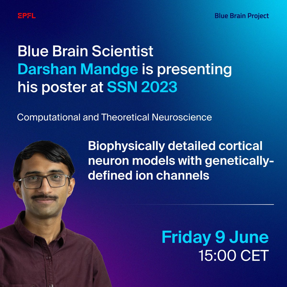 BlueBrainPjt's tweet photo. Today, Blue Brain Scientist Darshan Mandge is presenting his poster at the 2023 Meeting of the Swiss Society for Neuroscience -  Biophysically detailed cortical neuron models with genetically-defined ion channels.
Find out more – https://t.co/X3NRsCadan

@SwissSocNeuro https://t.co/4Ey31dXSty