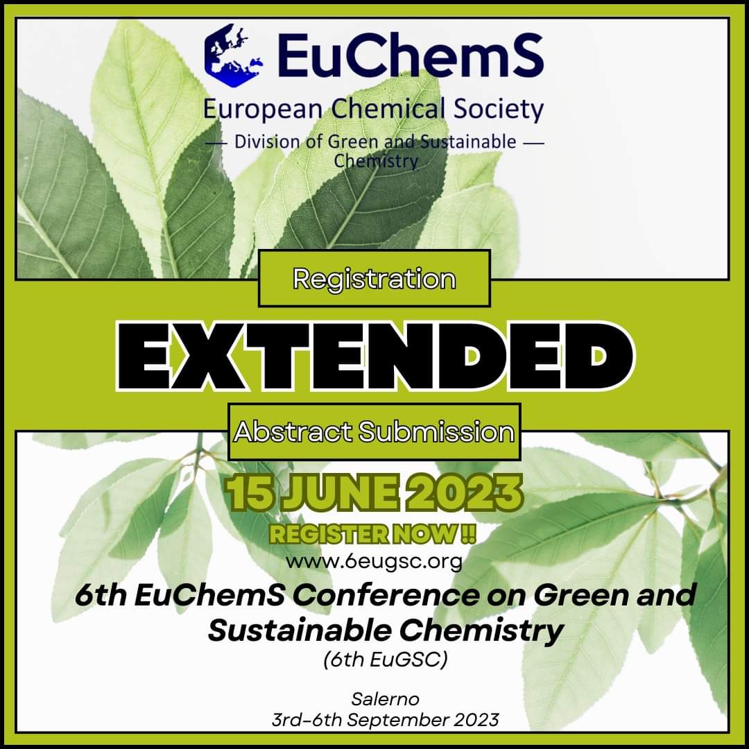 📢 Calling all #GreenChemistry and #SustainableChemistry researchers! Submit your poster/oral abstracts by June 15th for the @6GCEuChemS conference in Salerno. 

Acceptance confirmations will be sent by June 25th. 

6eugsc.org

@SCI_GreenChem @SCIorganica @EuChemS