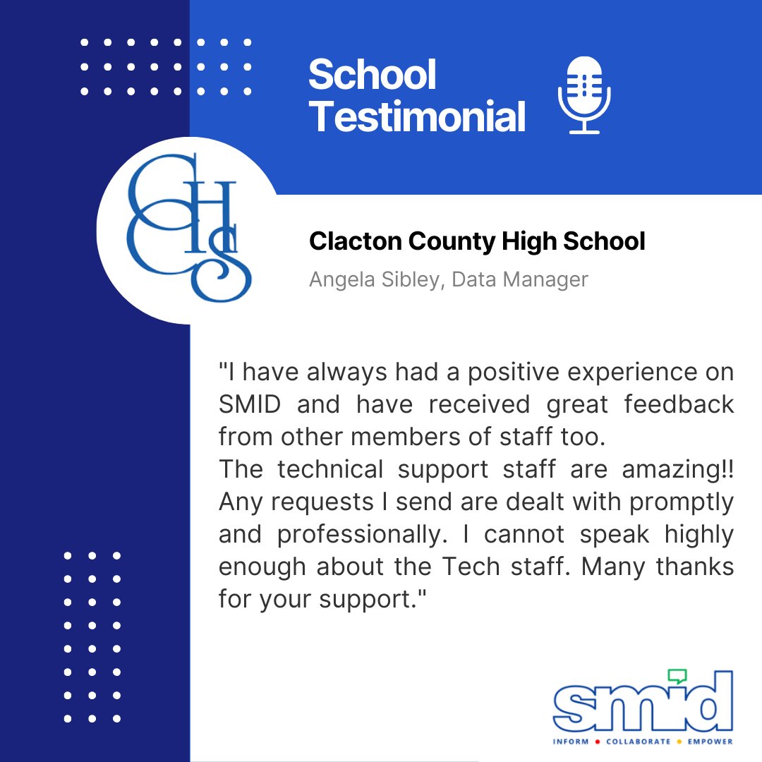 Thank you Angela Sibley at @clacton_cchs for your fantastic feedback about SMID and our SMID Team! 🤩 📊 📈 🏫  #datatracking #studentprogress #smidreport #datamanager