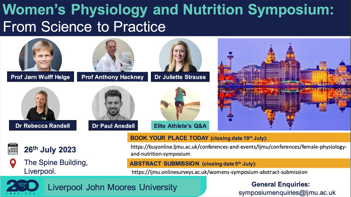 Places are filling up for our Women's Physiology and Nutrition Symposium! We have some exciting expert practitioners on our panel to announce... so watch this space!👀

⭐️Dont forget to book your place: buyonline.ljmu.ac.uk/conferences-an…

⭐️And submit your abstract: ljmu.onlinesurveys.ac.uk/womens-symposi…