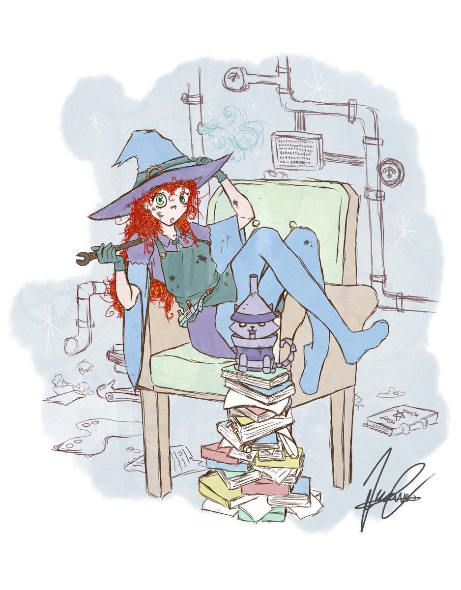 Gracias a <a href="/JuanGarciaBone/">🎃きつね🦊</a> por dibujar siempre a mis personajes con tanto cariño. Aquí están mi bruja y su gatito Tuercas ✨✨