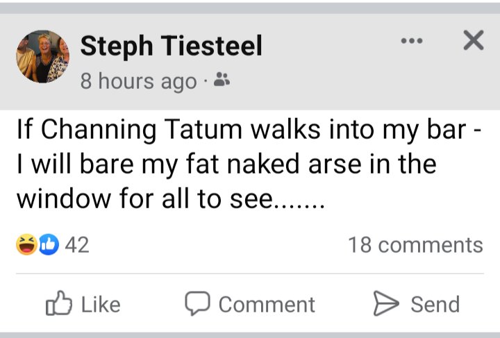 Eeyoreworld's tweet photo. @channingtatum please just walk into the Trafalgar pub IOM... I wanna see pictorial proof of Steph's fat ass in the window https://t.co/5mdqx73VwF