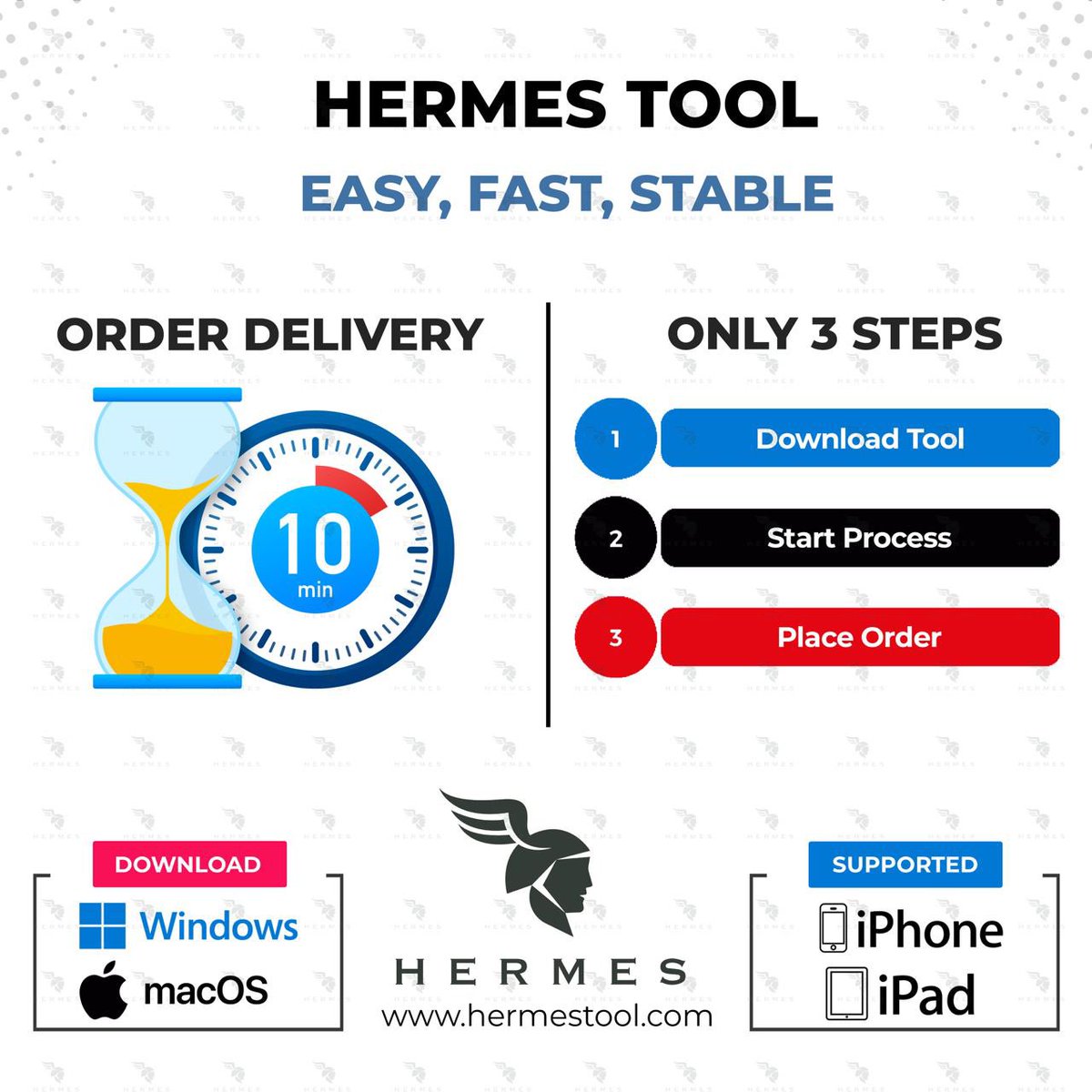 Hermes Tool, 
Easy, Fast and Stable

➖ We would like to inform you that now the processing time for all orders is a maximum of 10 minutes.

We will always continue to make our users happy with new updates.

All users can use the visual content we shared.

Thank You,
Hermes Team