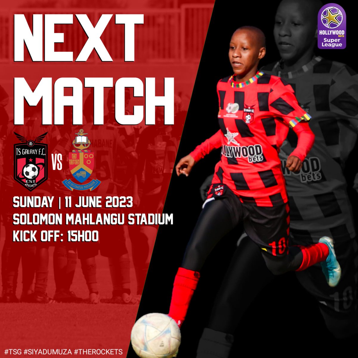 🚨 Next match! 🚨

TS Galaxy Queens VS University of Pretoria Ladies 

🗓 Date: 11 June 2023
🕛Time: 15h00
🏟Venue: Solomon Mahlangu Stadium 

#Siyadumuza 
#TheRockets 
#TSG 
#WeAreHereToStay