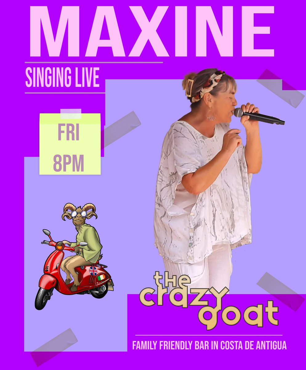WHATISONINCALE1's tweet photo. The Crazy Goat
Maxine sings live for you!!!
Starts at 20.00
A night of classic soul, blues and pop! Join us for a fantastic evening. 
#caleta #caletadefuste #visitcaletadefuste #caletadefustevibes #caletabars #caletarestaurants #livemusic #fuerteventura #fuerteventura2023 https://t.co/ORAMEAoluc