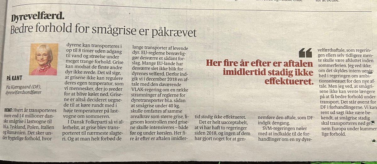 Stærkt indlæg fra @Pia_Kjaersgaard om dyrevelfærd for levende smågrise i dagens udgave af Jyske Vestkysten. #dkfood #dkpol