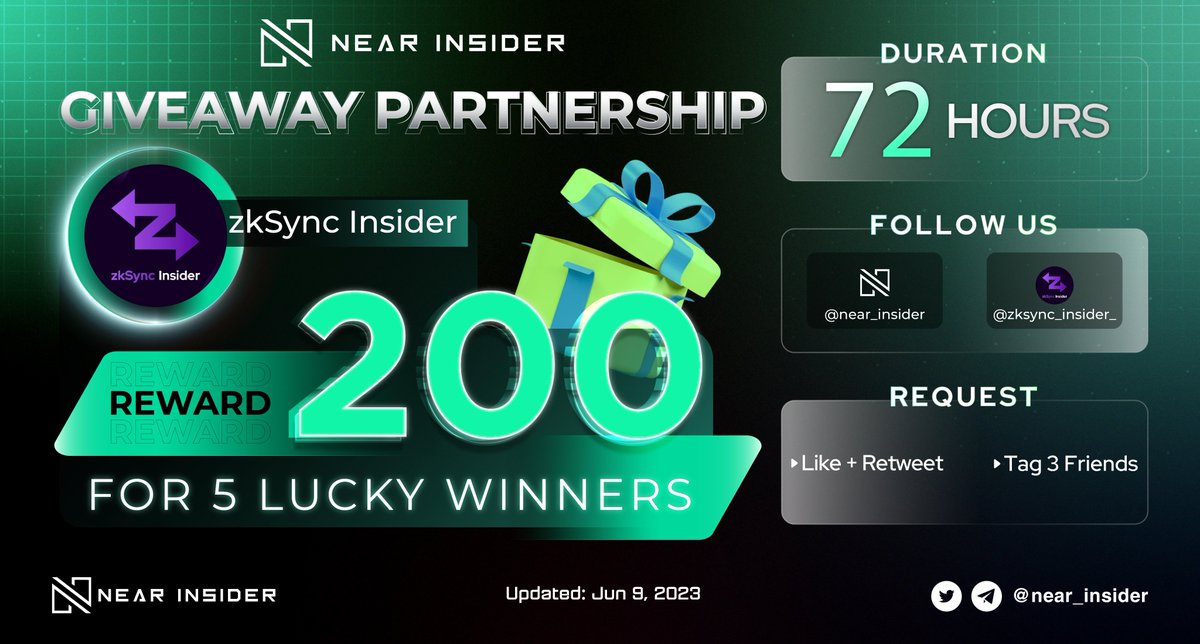 🎉 We are pleased to host an exclusive giveaway with our friend for our community 🎉

🎁200 $USDC for 5 winners
⏰ Duration: 72 Hours

✅ Rules:
- Follow <a href="/near_insider/">Near Insider</a> and @zksync_insider_
- Like + RT
- Tag 3 friends

#NEAR $NEAR