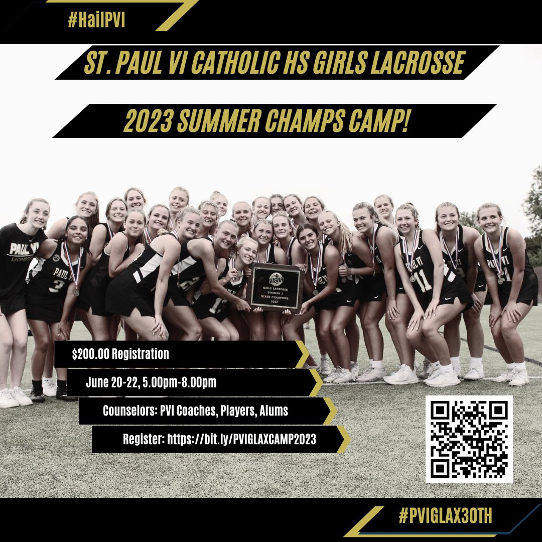 PVI Girls Lacrosse (@pviglax) on Twitter photo Register for the 2023 <a href="/PVIGLax/">PVI Girls Lacrosse</a> Summer “Champs Camp” now!
bit.ly/PVIGLAXCAMP2023
When: 06.20.23 - 06.22.23 /5.00pm-8.00pm
Cost: $200.00
Where: <a href="/PaulVICatholic/">St. Paul VI Catholic High School</a>
#PVIGLAX30th
#LaxAtTheLuke
#HailPVI
@pvisports
<a href="/ClubPvi/">PVI Athletic Booster Club</a>
<a href="/PVIAlumni/">PVIAlumni</a> Register for the 2023 <a href="/PVIGLax/">PVI Girls Lacrosse</a> Summer “Champs Camp” now!
bit.ly/PVIGLAXCAMP2023
When: 06.20.23 - 06.22.23 /5.00pm-8.00pm
Cost: $200.00
Where: <a href="/PaulVICatholic/">St. Paul VI Catholic High School</a>
#PVIGLAX30th
#LaxAtTheLuke
#HailPVI
@pvisports
<a href="/ClubPvi/">PVI Athletic Booster Club</a>
<a href="/PVIAlumni/">PVIAlumni</a>