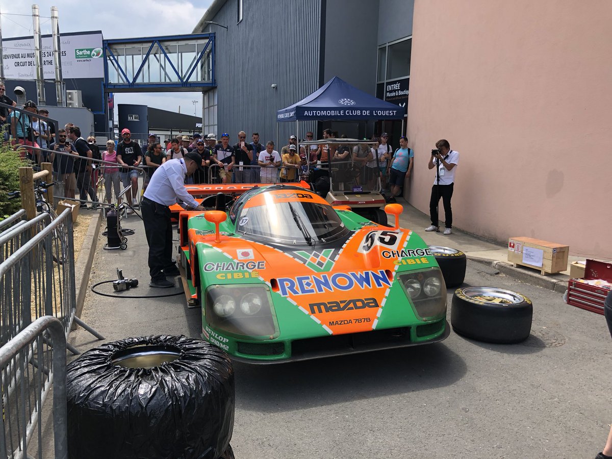 Today we are with our colleagues from Japan as we prepare to demonstrate the 1991 winning Mazda 787B to the crowds at the centennial Le Mans. Tonight the car will take part in a parade of more than 50 winning cars - before tomorrow taking part in two full laps of the circuit.