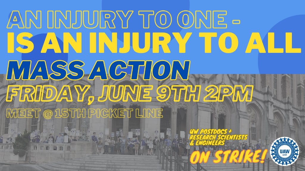 MASS ACTION TODAY at 2pm: come to the picket line at 15th &amp; Stevens Way to stand united against UW Admin’s bullying tactics

Add your name to the letter condemning UW for their attempt to intimidate international scholars form.jotform.com/231581606555054

#FairContractsUW #UWworksBCWeDo