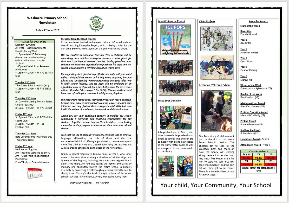 Please find attached this week’s newsletter with more detail about the first day of year 6's enterprise project, photographs from Reception / Year 1’s Forest School visit and year 5 Art. Enjoy the weekend!
